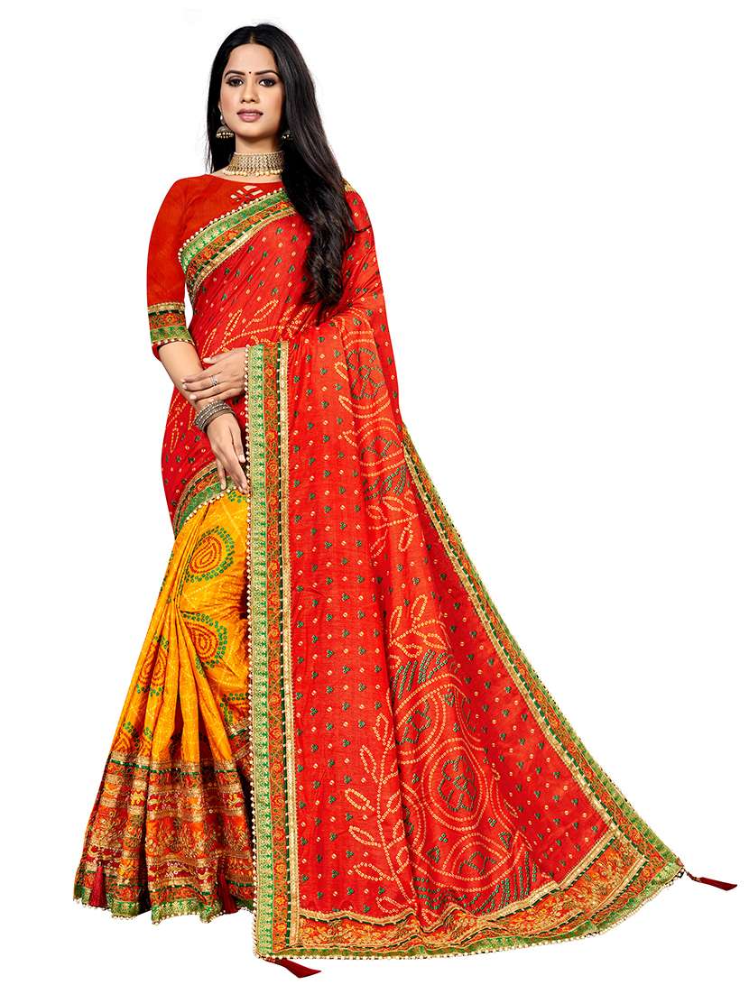 women bandhani printed half & half saree with blouse