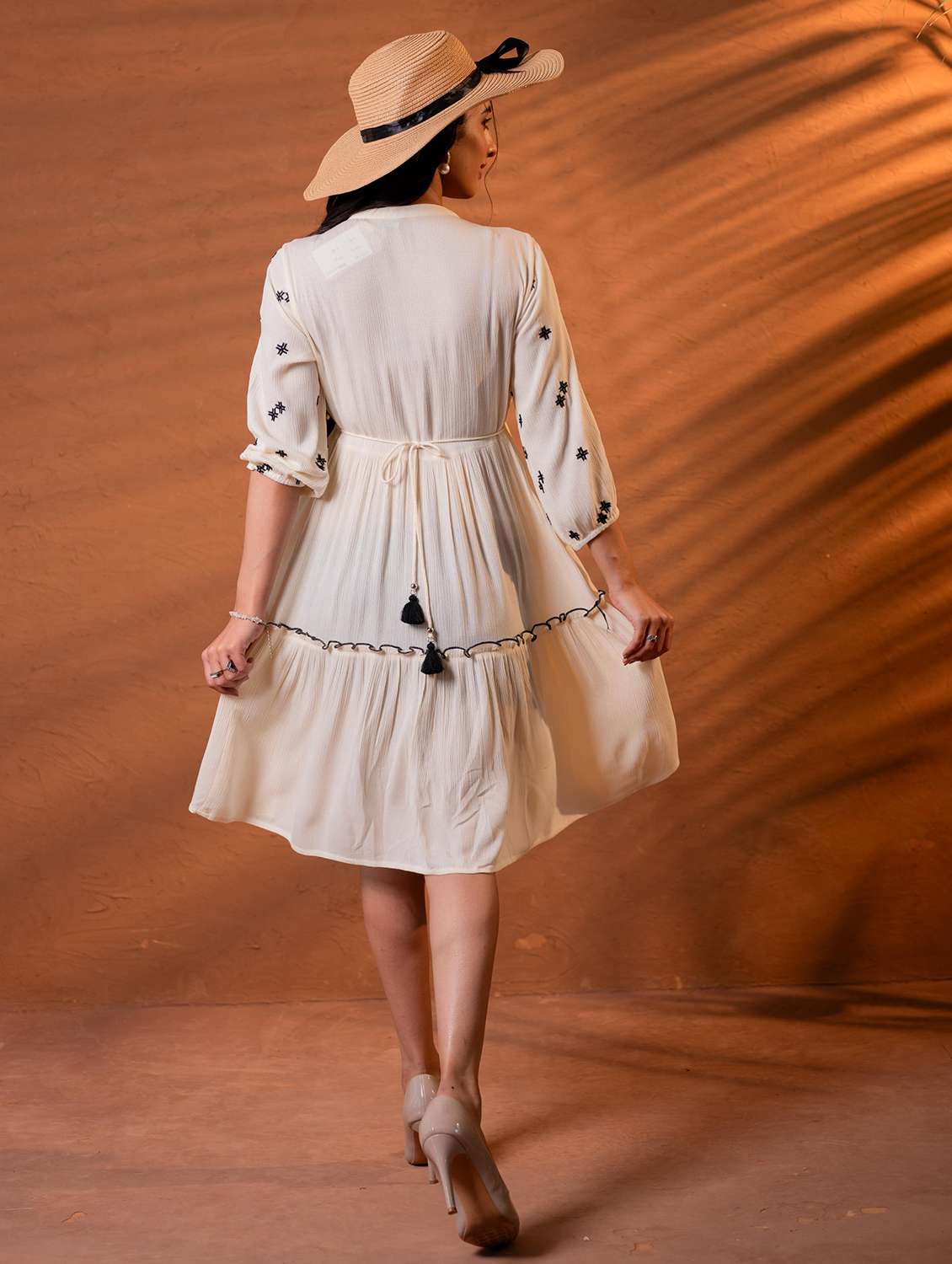 women embroidered three quarter sleeves tiered dress - 22604285 -  Standard Image - 2