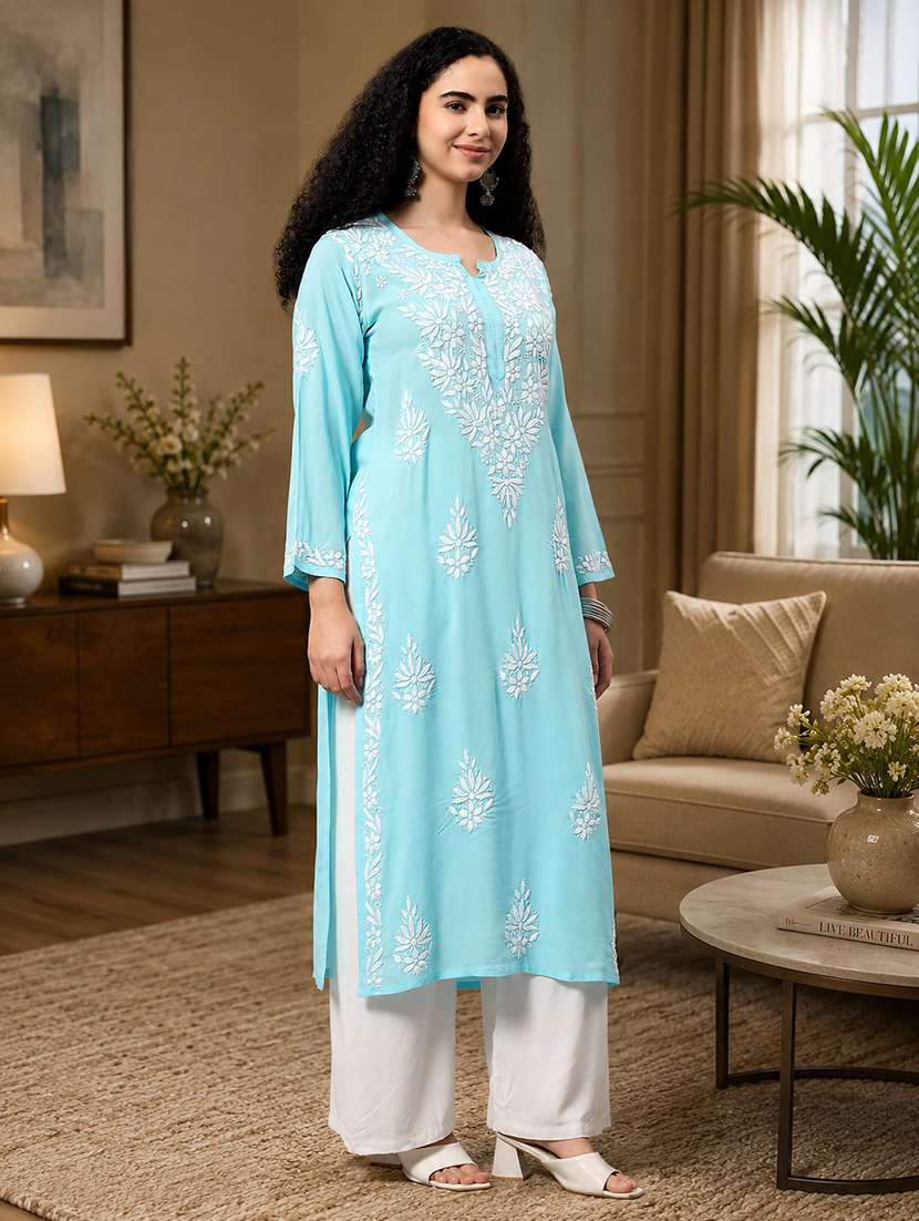 women solid with work three quarter sleeve chikankari kurta - 22604292 -  Standard Image - 2