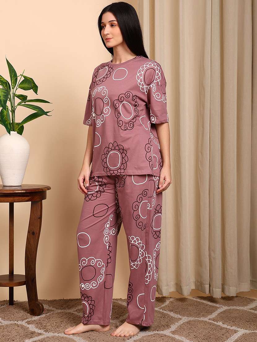 Women Printed Short Sleeves Nightwear Set - 22604343 -  Standard Image - 2