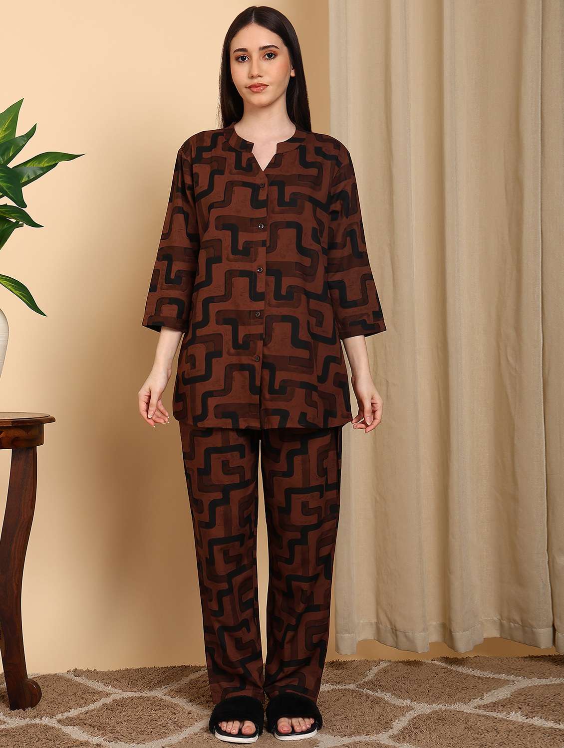 Women Printed Three Quarter Sleeves Nightwear Set - 22604350 -  Standard Image - 2