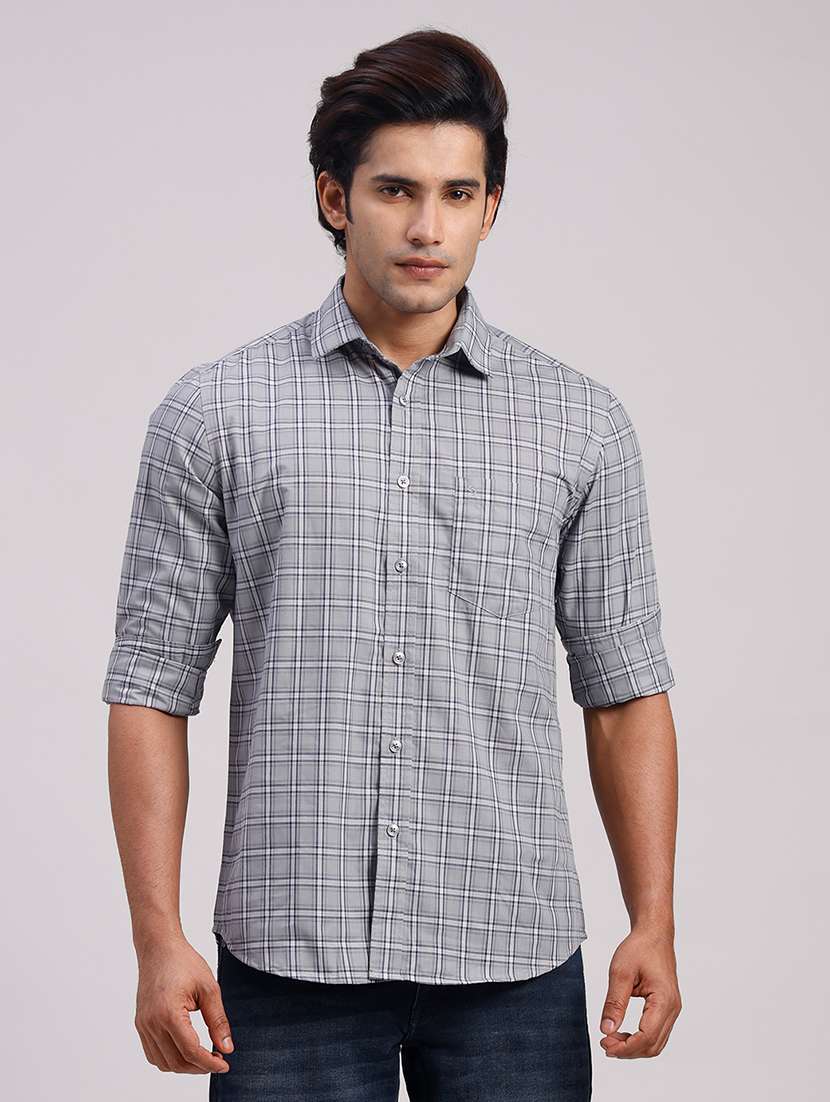 men checkered collared slim fit casual shirt