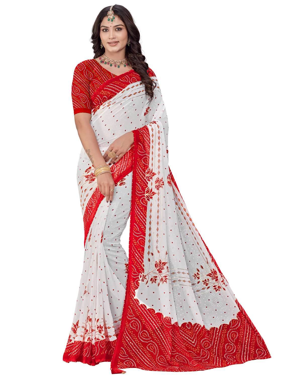 women bandhani printed saree with blouse
