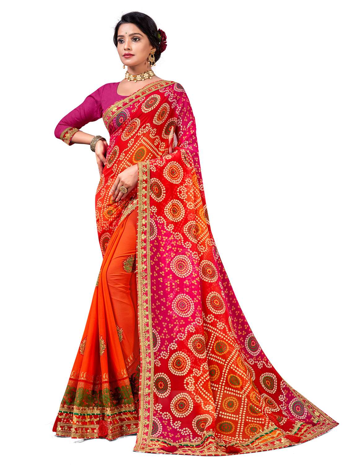 women bandhani printed half & half saree with blouse