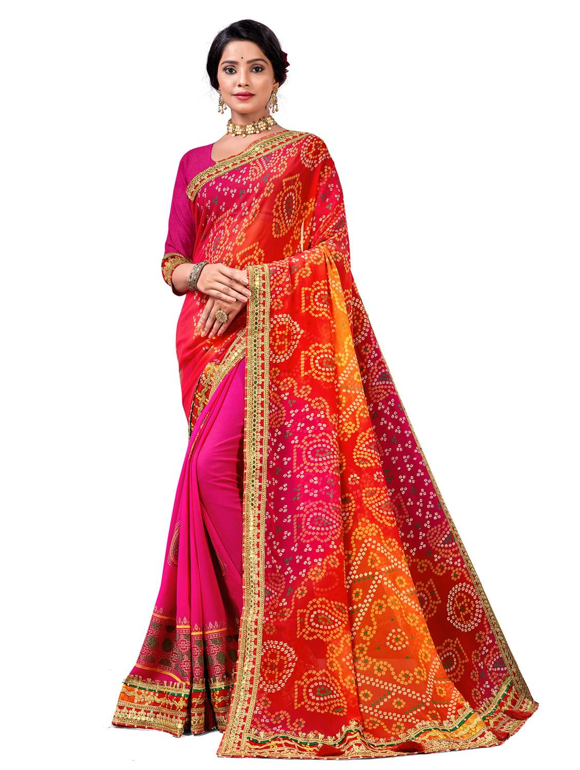women bandhani printed half & half saree with blouse