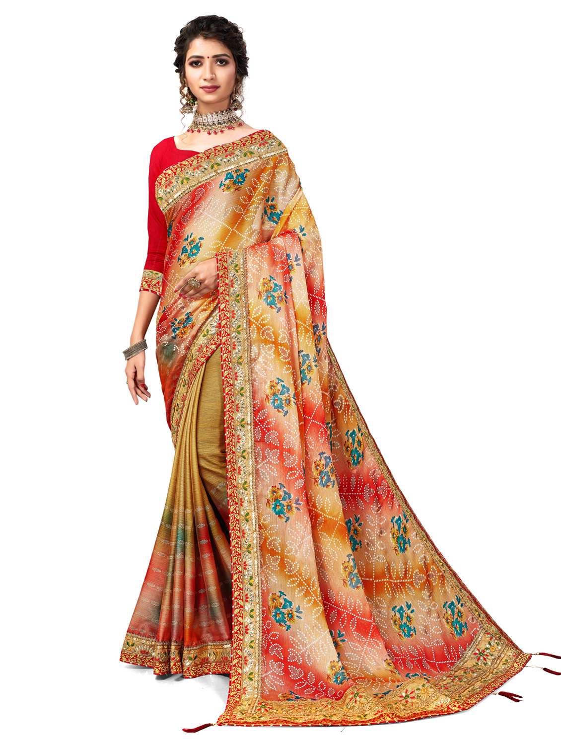 women printed half & half saree with blouse