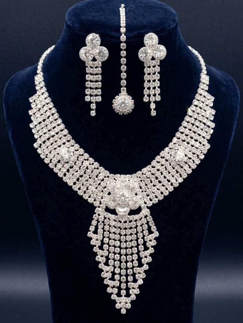 women silver plated brass necklace earring maang tikka set - 22604765 -  Standard Image - 2