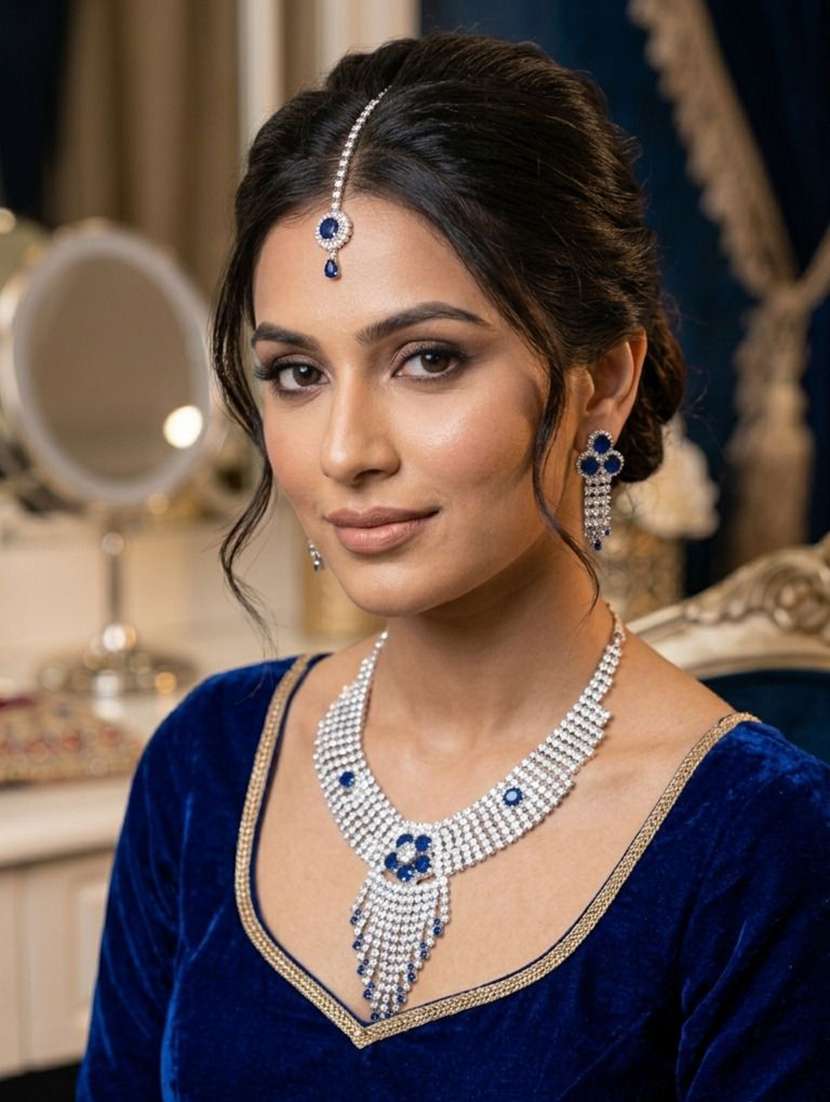 women blue stone necklace earring maang tikka set - 22604769 -  Standard Image - 2