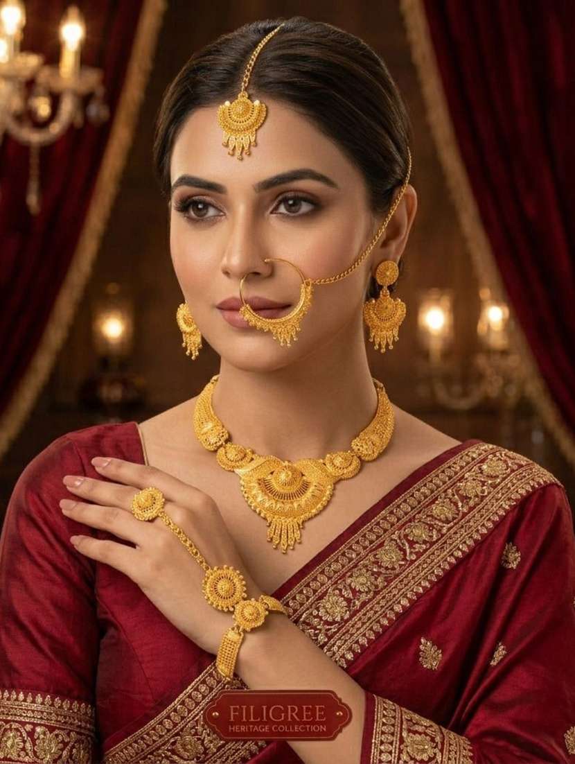 women gold necklace earring maang tikka bracelet nath set - 22604770 -  Standard Image - 2