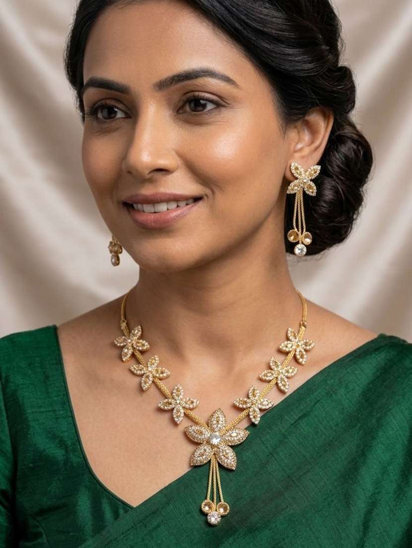 women gold tone floral stone studded earring necklace set combo - 22604784 -  Standard Image - 2