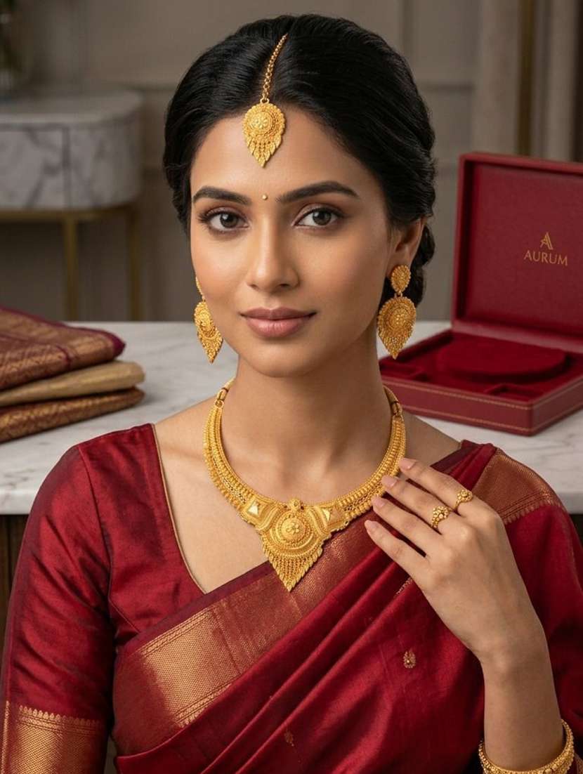 women gold plated brass necklace earring  maang tikka set - 22604788 -  Standard Image - 2