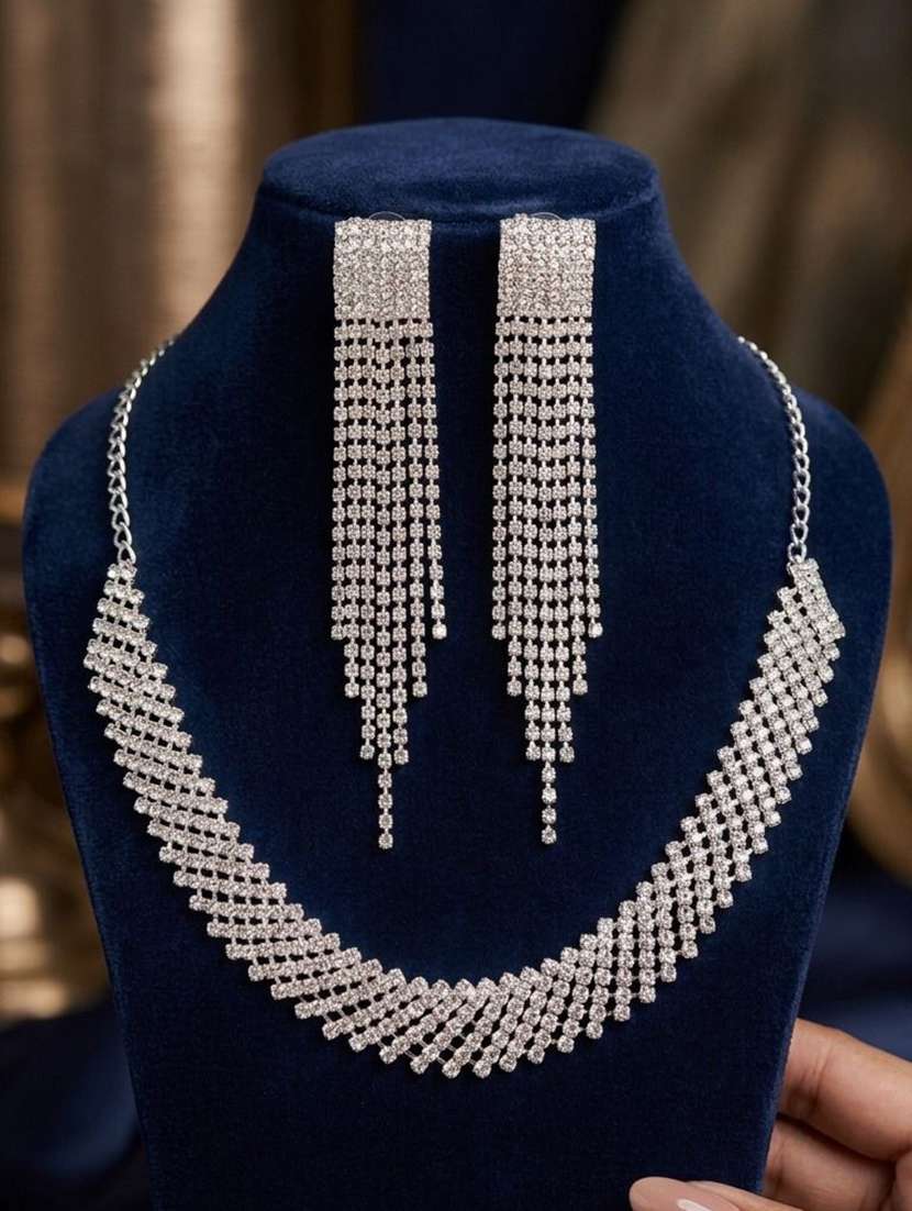women silver metal brass necklace and earring set - 22604789 -  Standard Image - 2