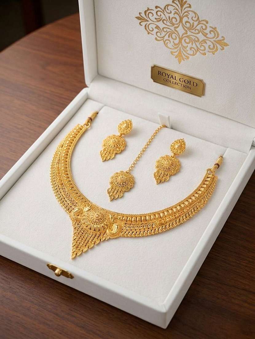 women gold plated brass necklace earring  maang tikka set - 22604790 -  Standard Image - 2