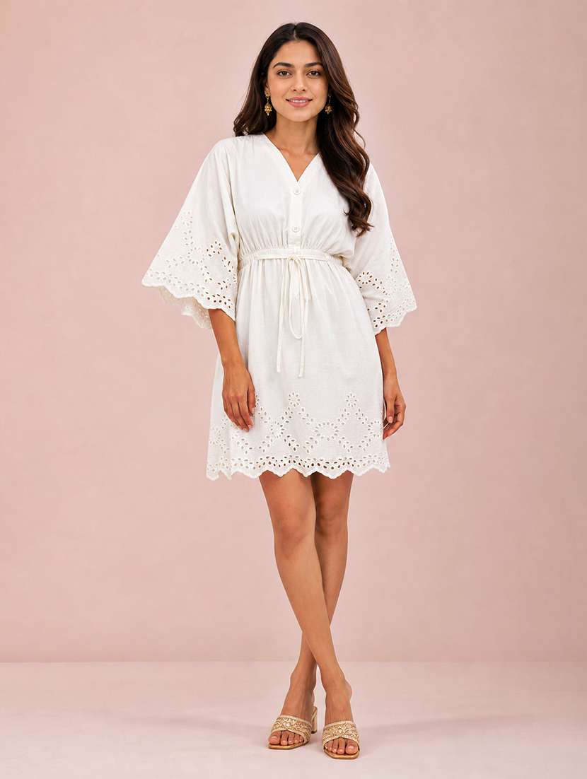 women self design three quarter sleeves a-line dress