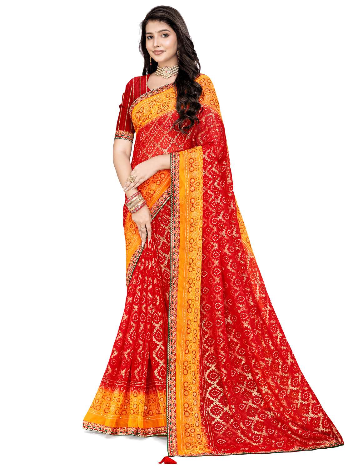 women bandhani printed saree with blouse