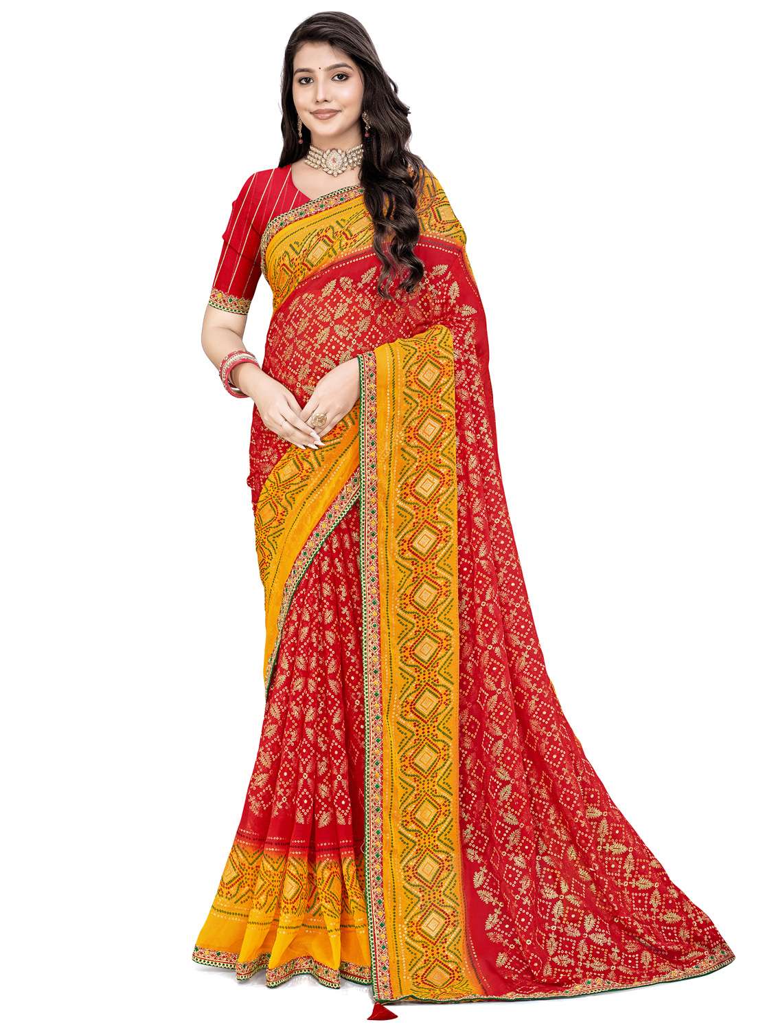 women bandhani printed saree with blouse