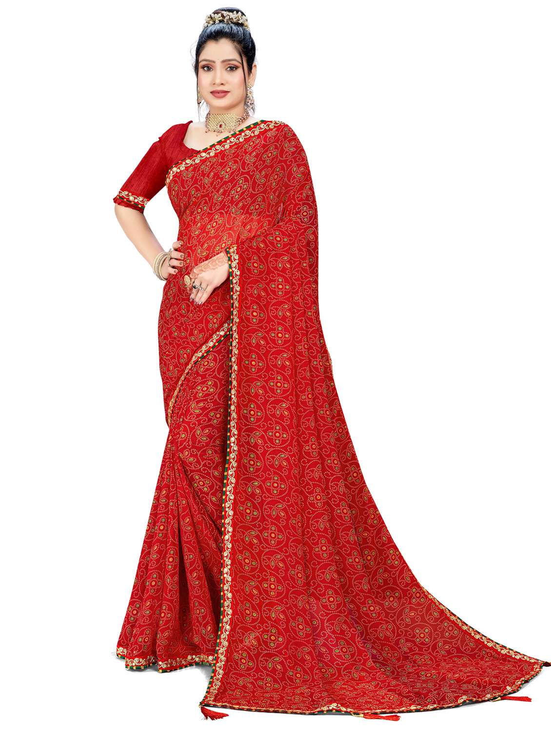 women bandhani printed saree with blouse