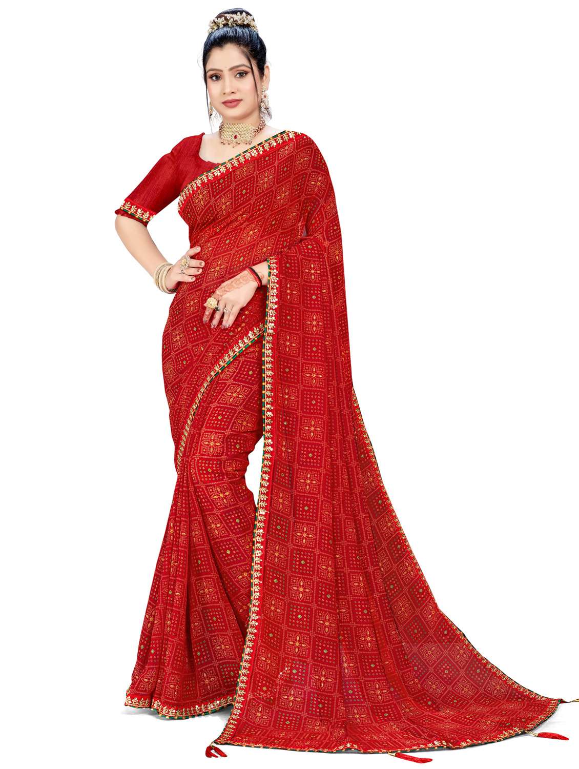 women bandhani printed saree with blouse