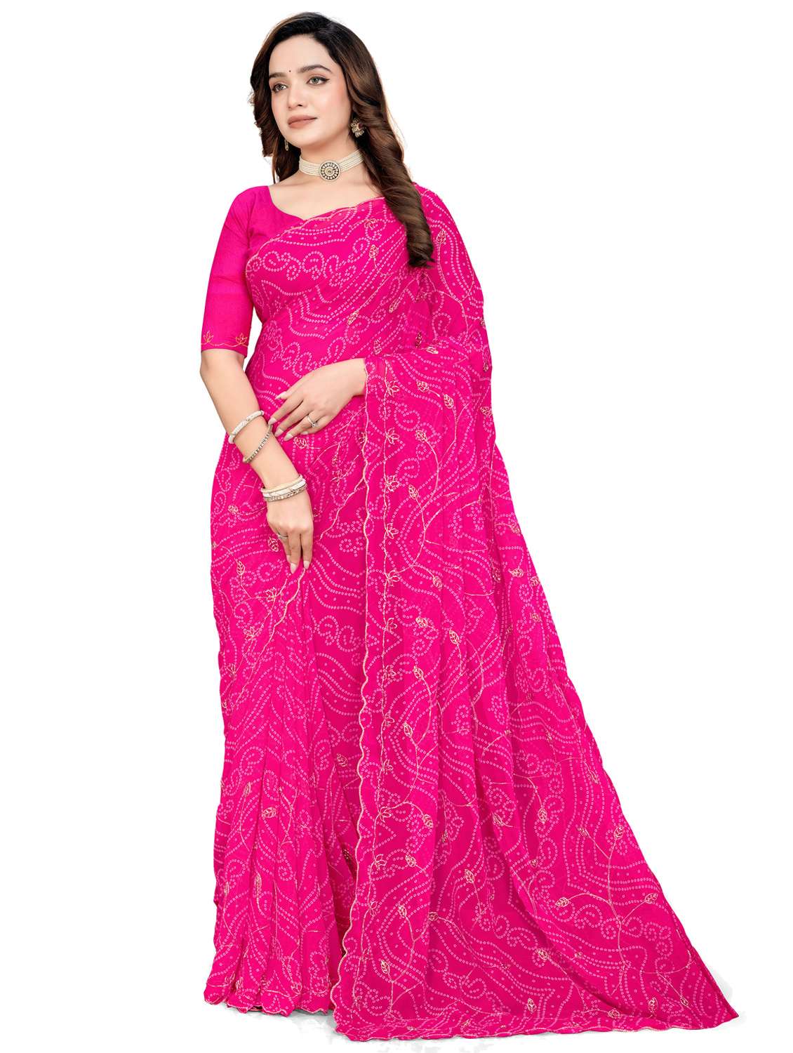 women bandhani printed embroidered saree with blouse