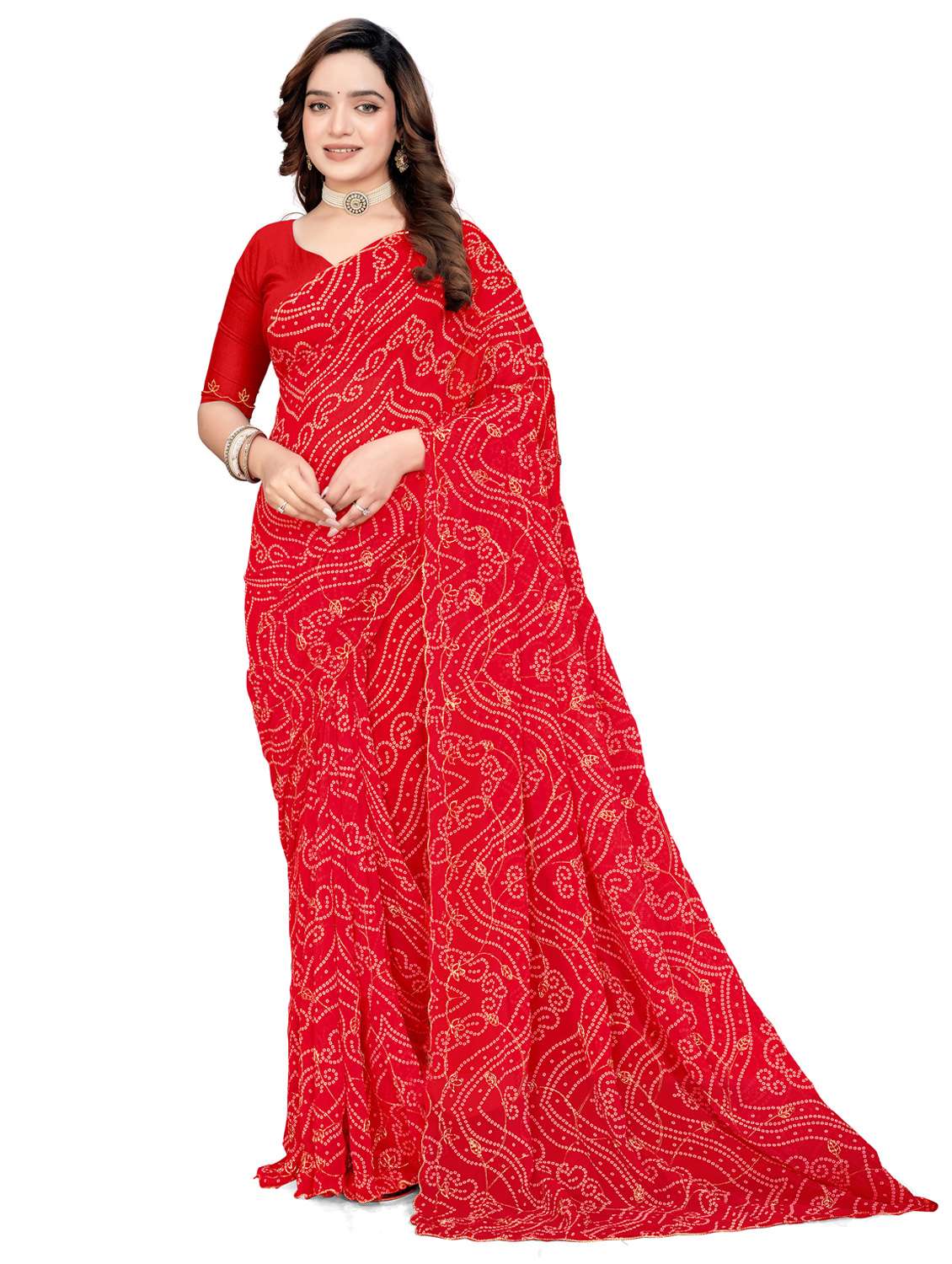 women bandhani printed embroidered saree with blouse