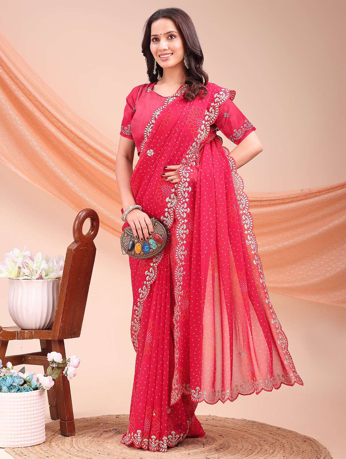 women bandhani printed embroidered saree with blouse