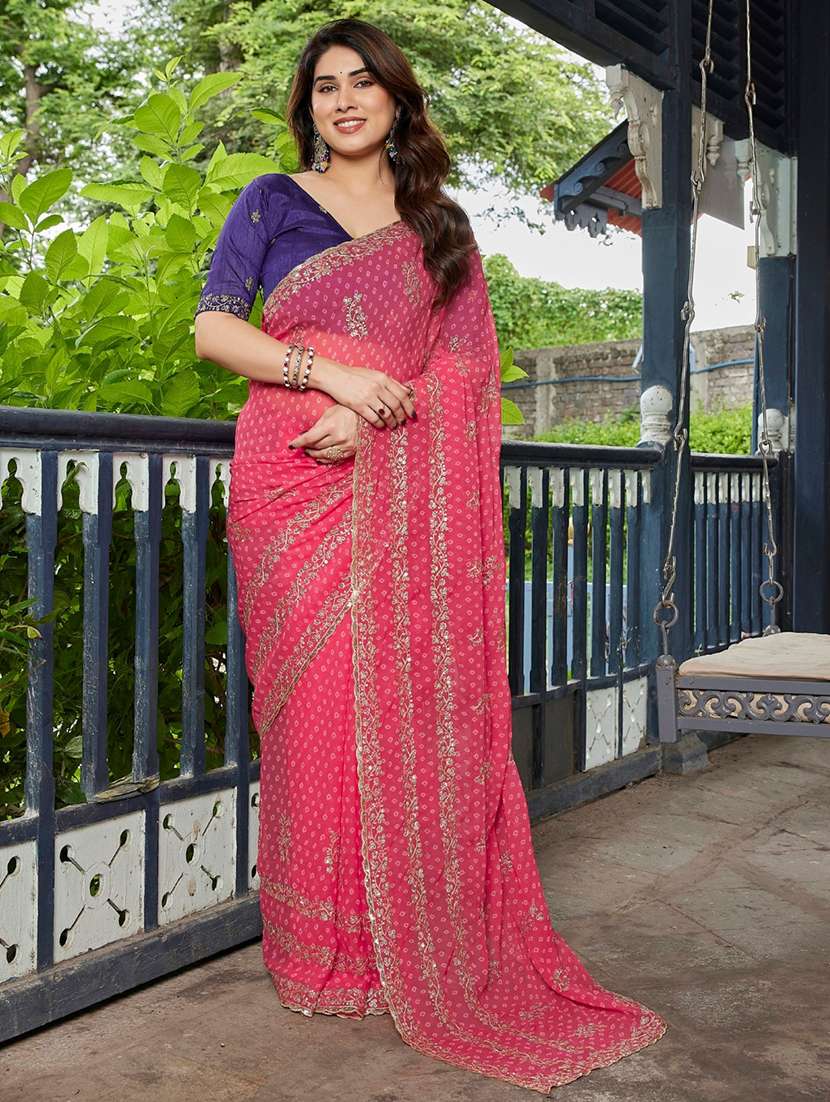 women bandhani printed saree with blouse