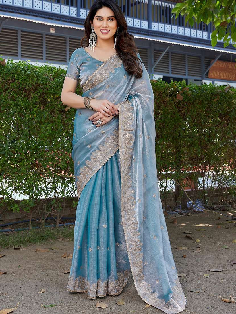 women solid with work embroidered saree with blouse