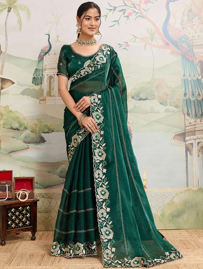 women solid with work embroidered saree with blouse