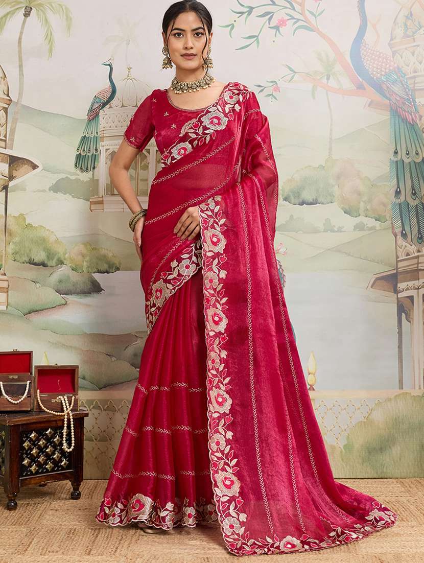 women solid with work embroidered saree with blouse