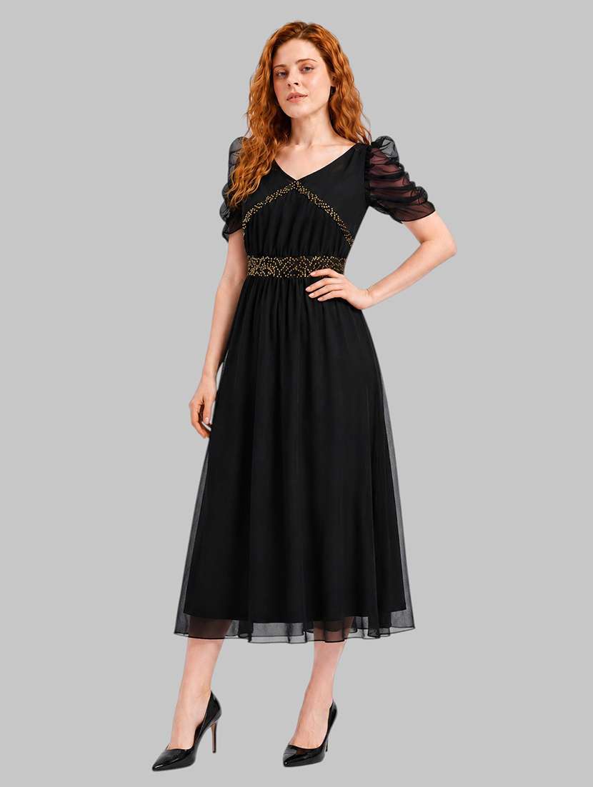 women embellished puff sleeves fit and flare dress - 22606015 -  Standard Image - 2