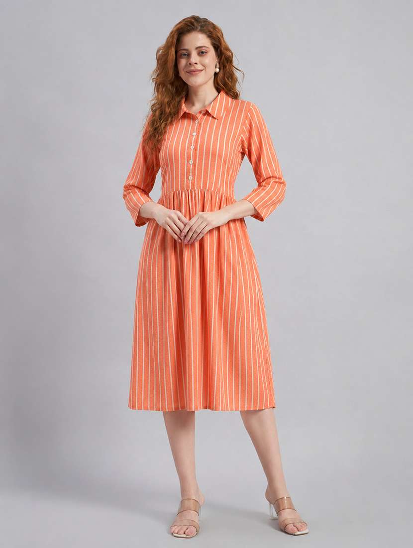 women printed three quarter sleeves a-line dress - 22606017 -  Standard Image - 2