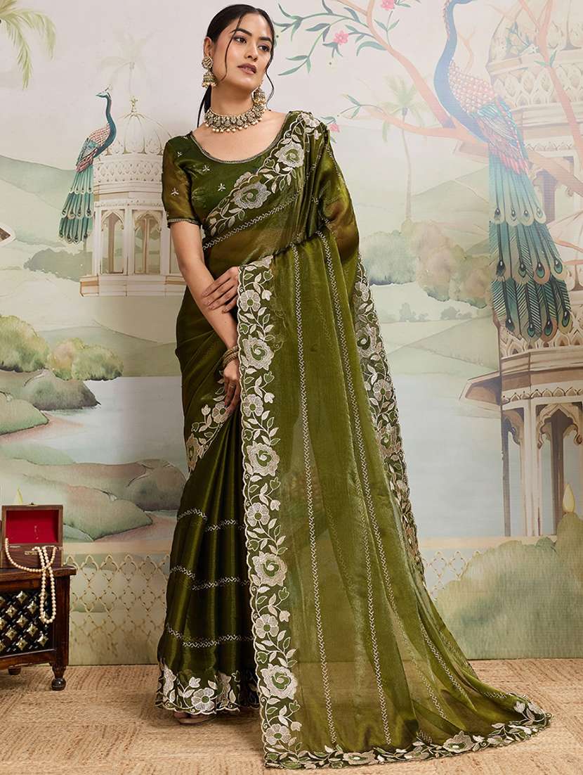 women solid with work embroidered saree with blouse