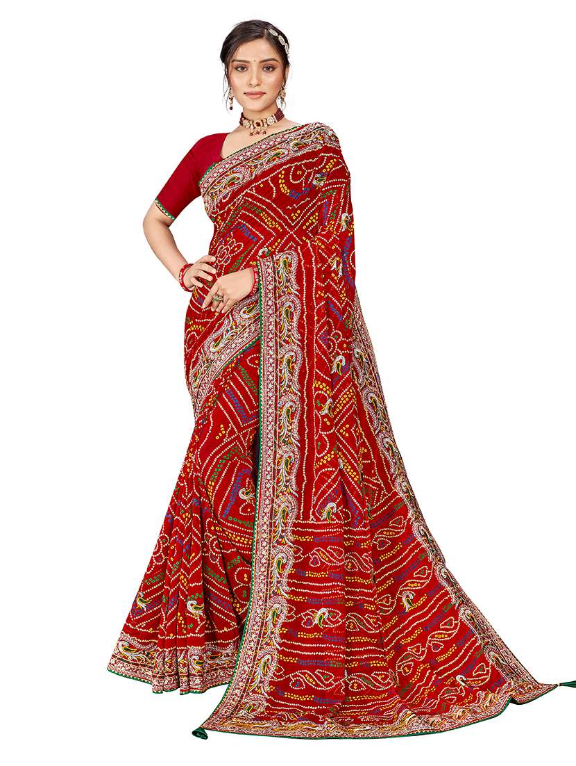 women bandhani printed saree with blouse