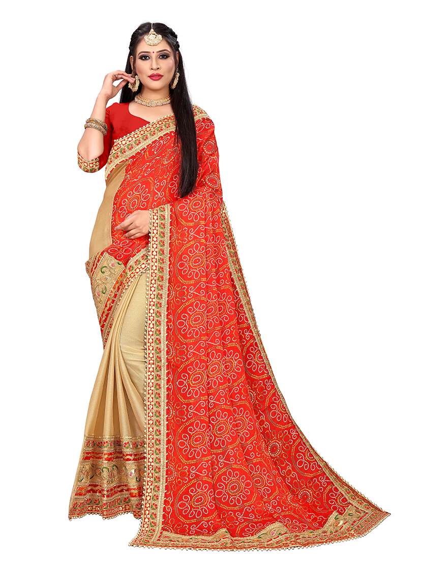 women bandhani printed half and half saree with blouse