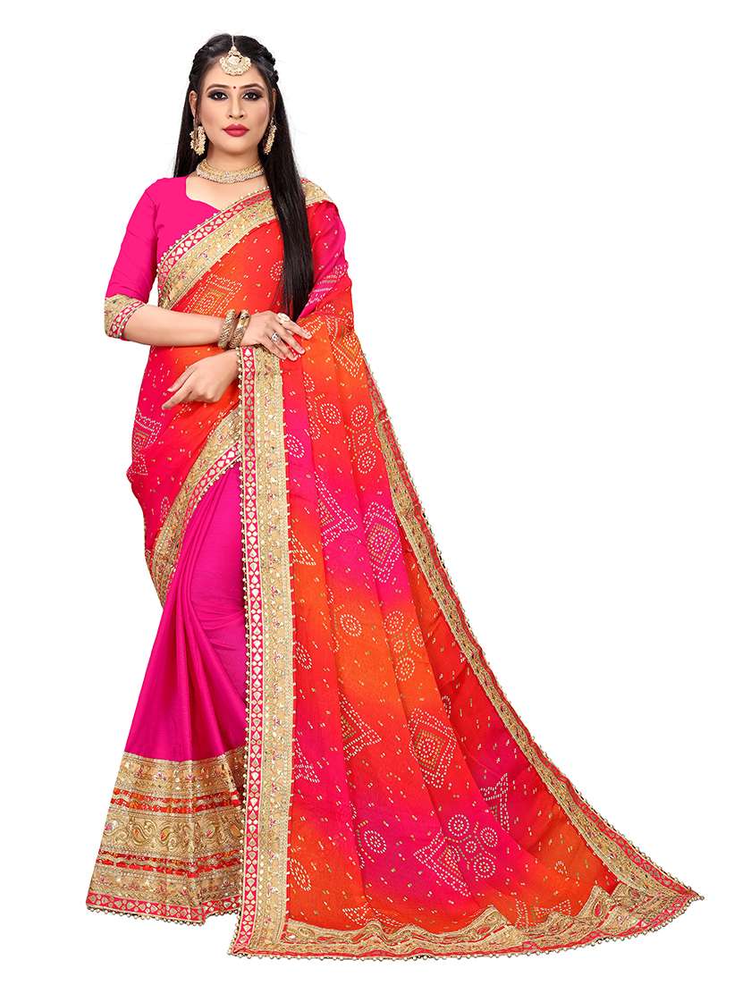 women bandhani printed half and half saree with blouse