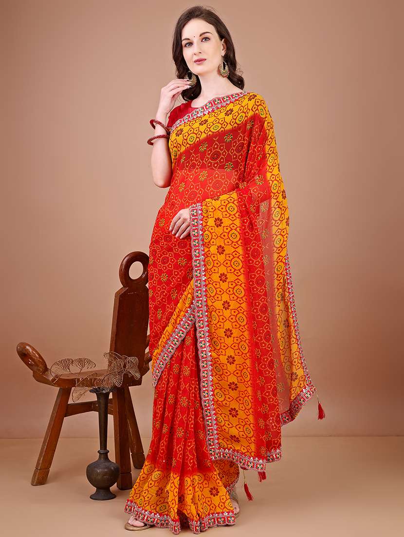 women bandhani printed saree with blouse