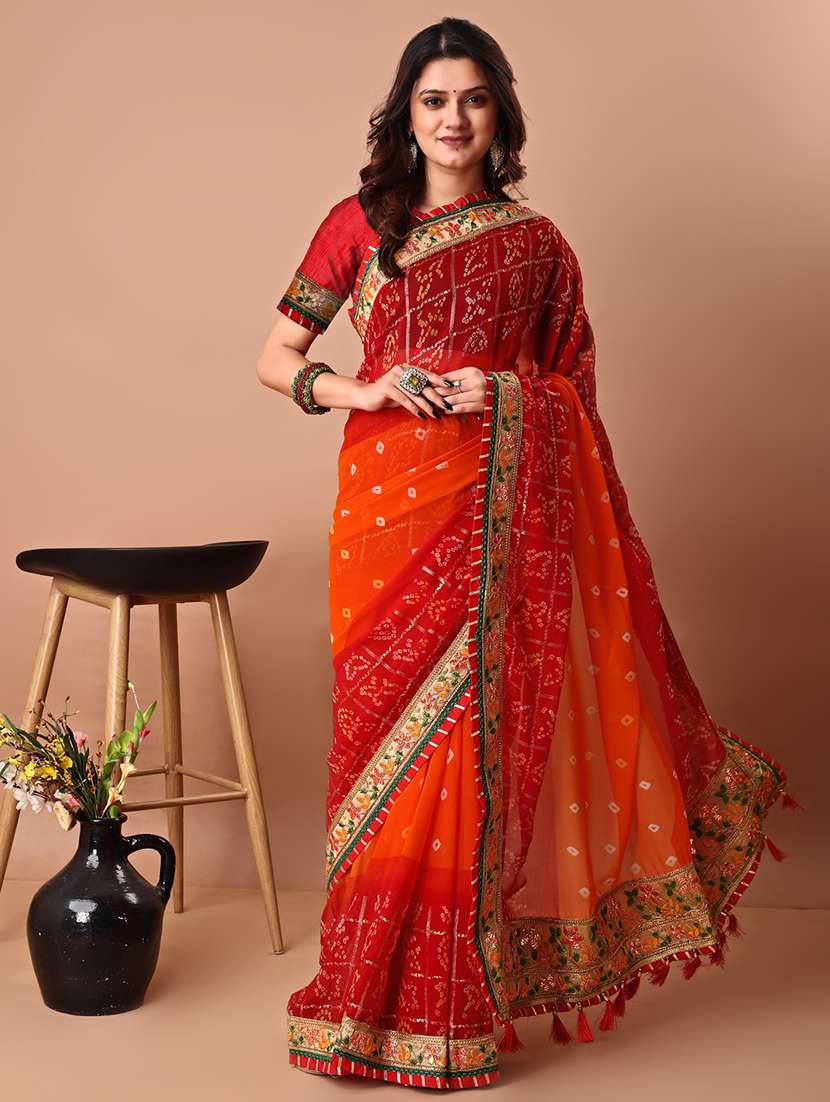 women bandhani printed saree with blouse