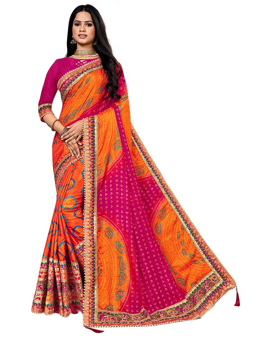 women bandhani printed saree with blouse