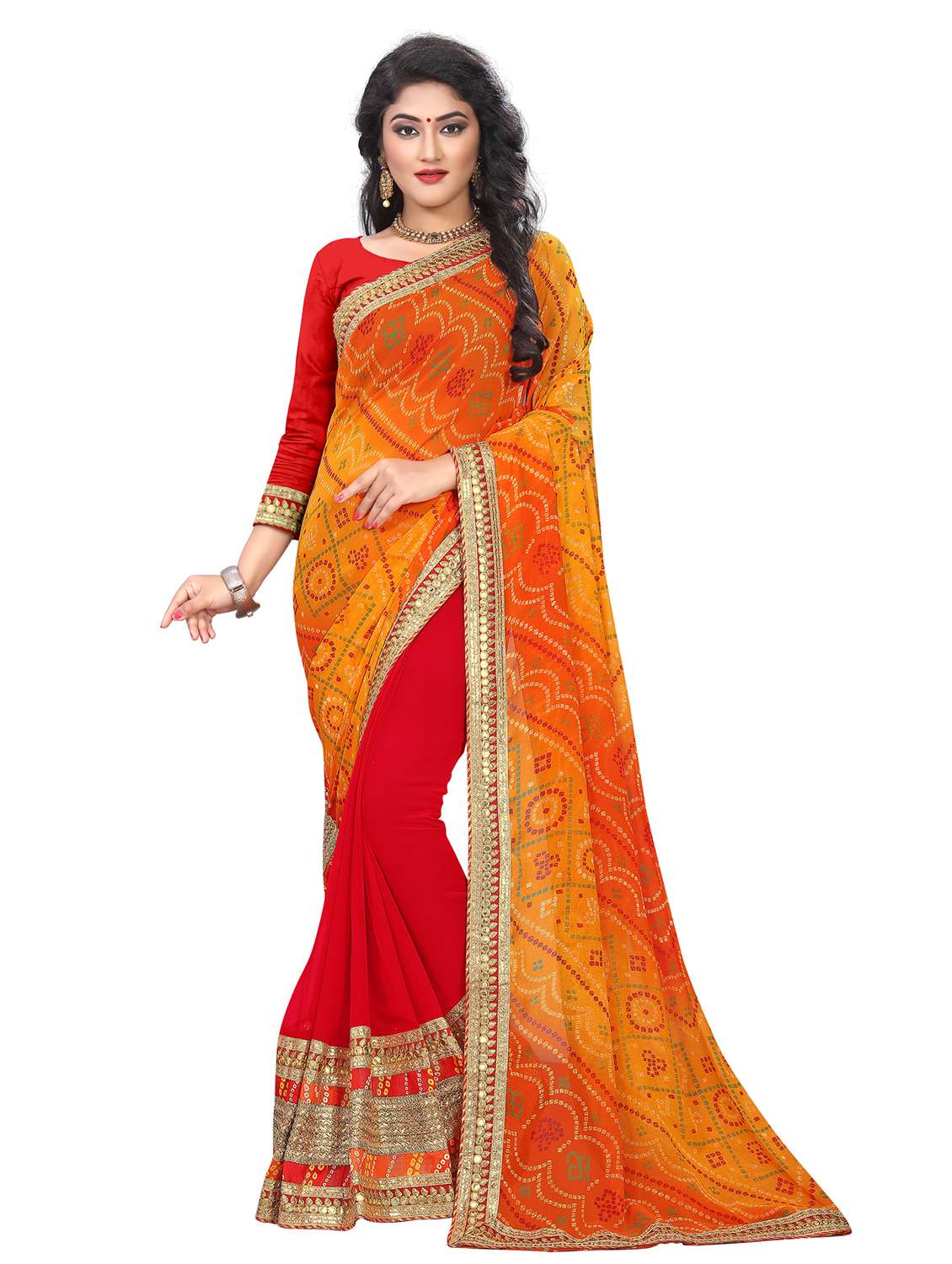 women bandhani printed half & half saree with blouse