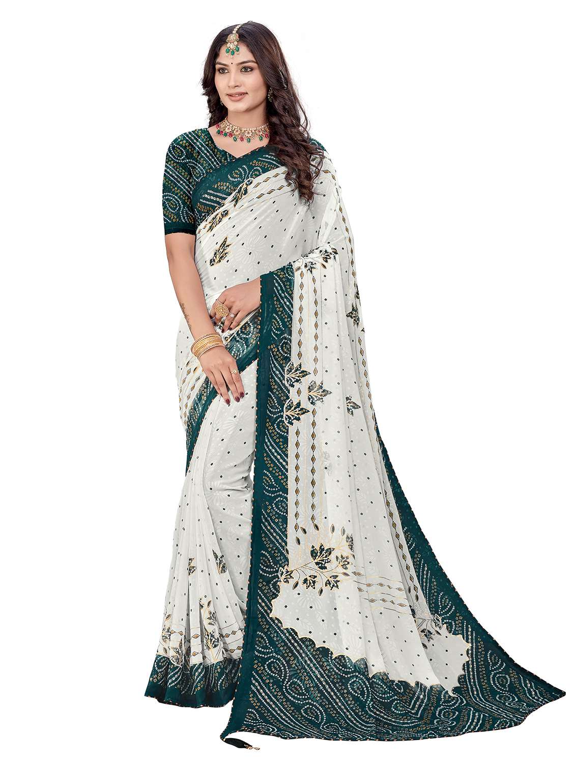 women bandhani printed saree with blouse