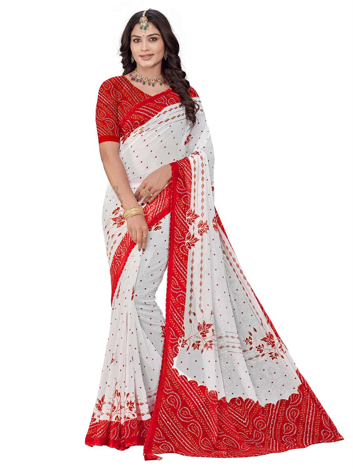 women bandhani printed saree with blouse