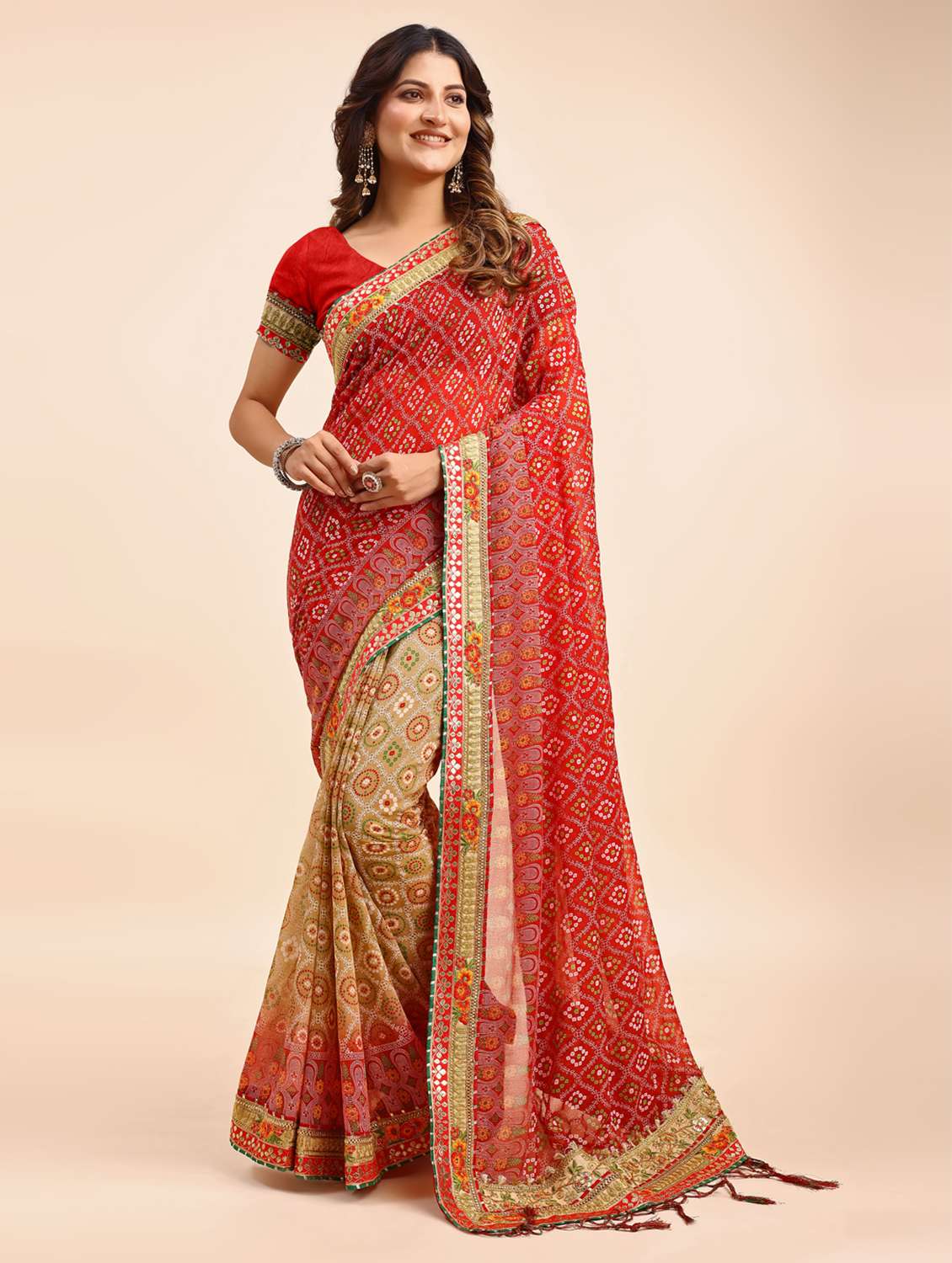women bandhani printed half & half saree with blouse - 22606773 -  Standard Image - 2