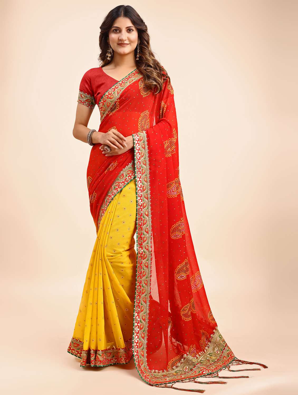 women bandhani printed half & half saree with blouse
