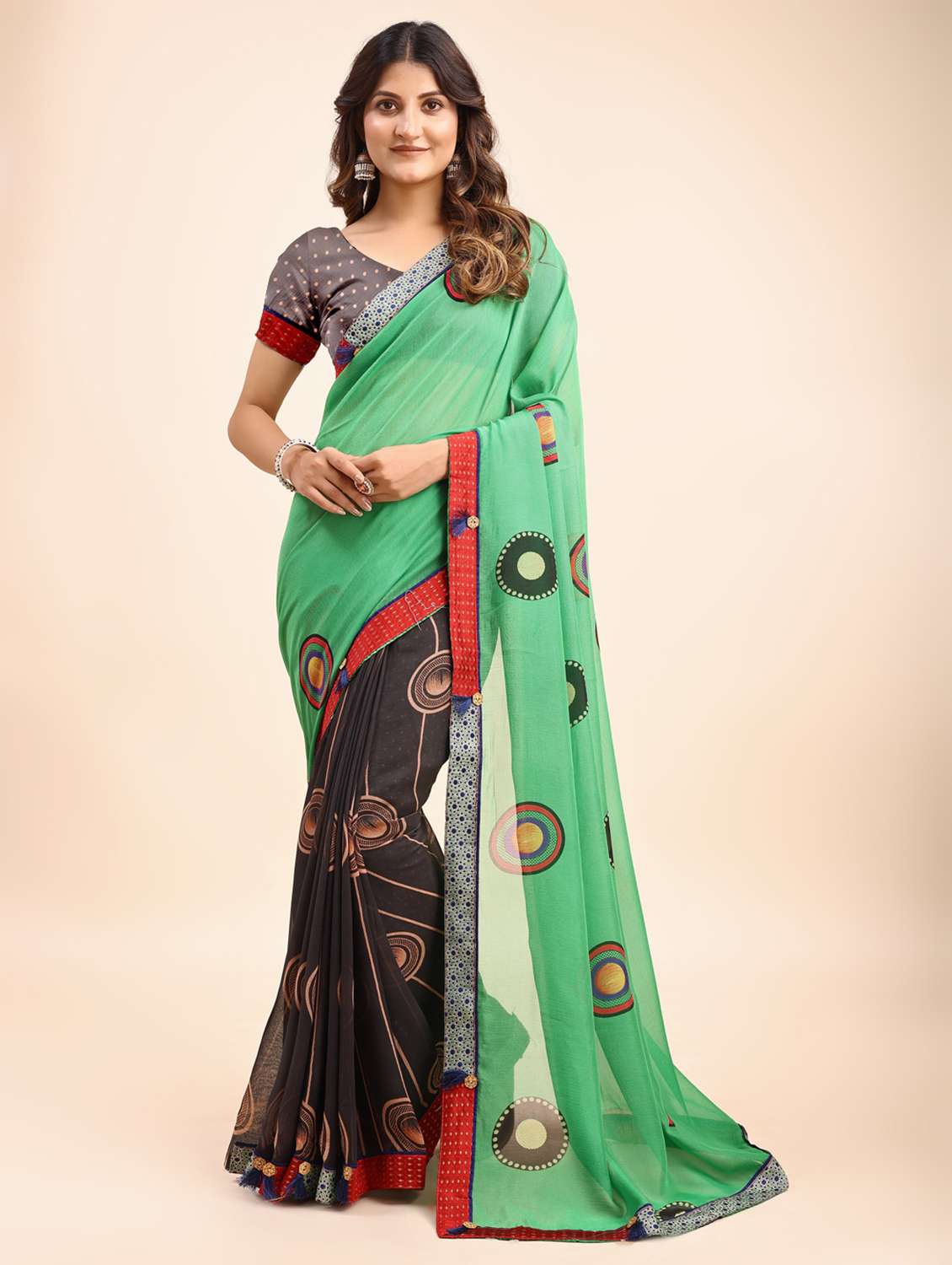 women printed half & half saree with blouse