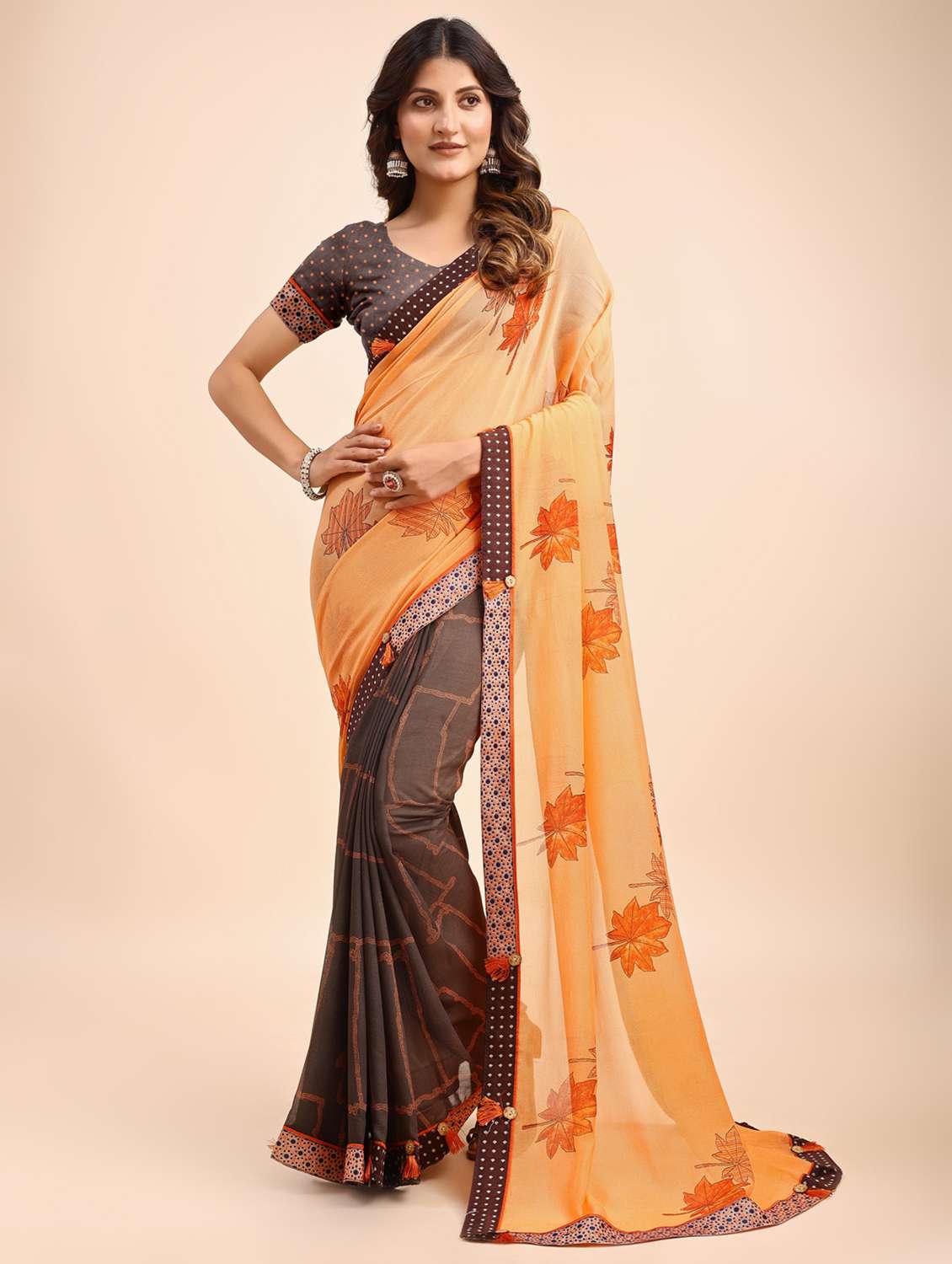 women printed half & half saree with blouse