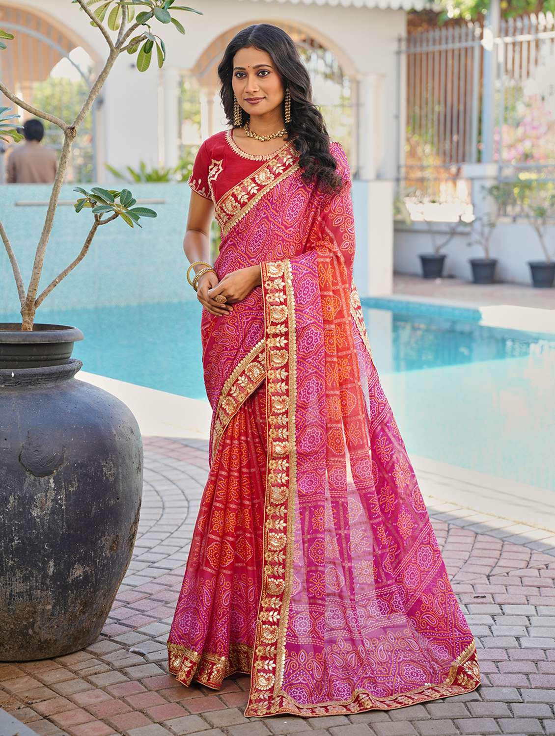 women bandhani printed saree with blouse