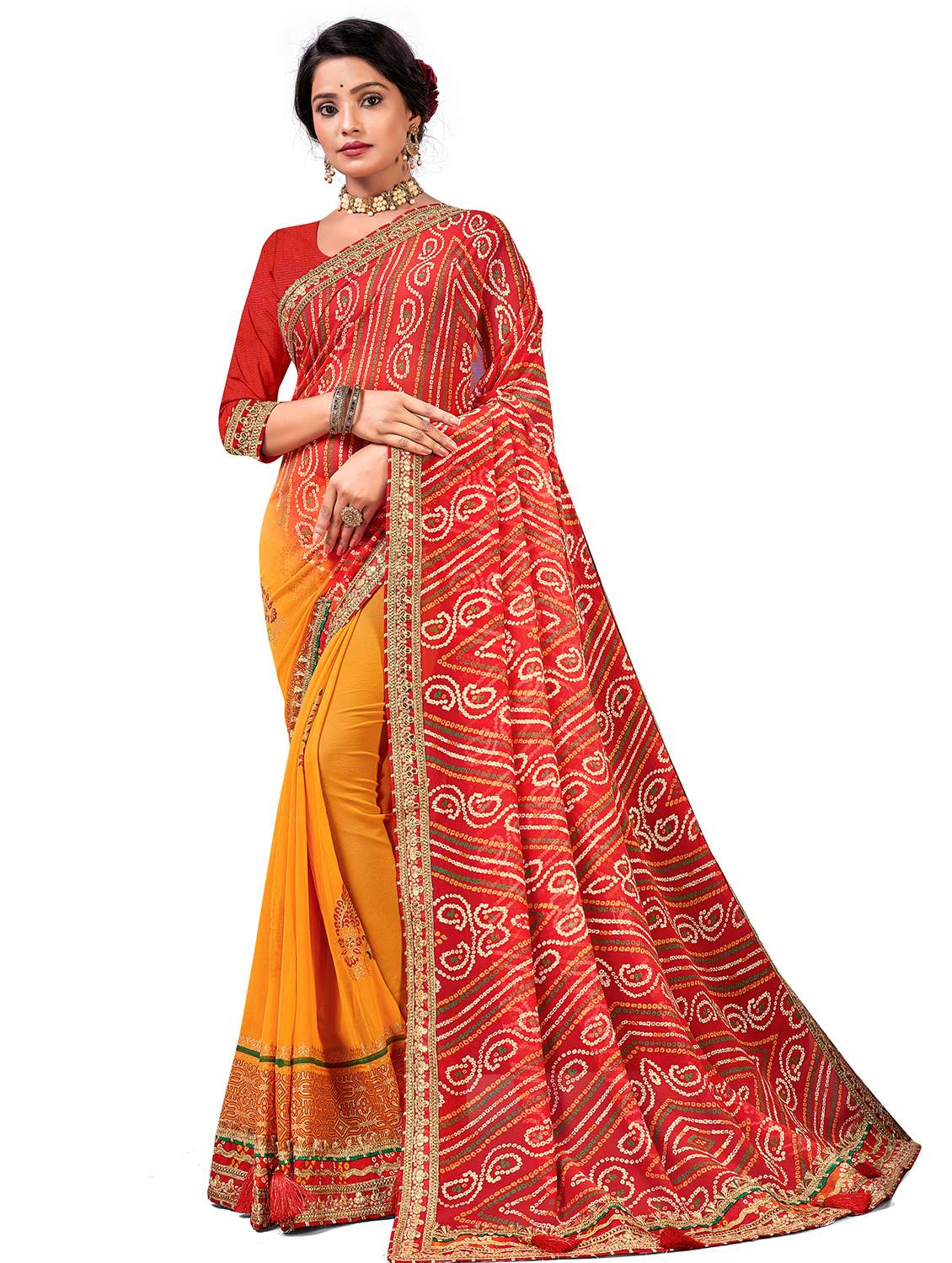 women bandhani printed half & half saree with blouse