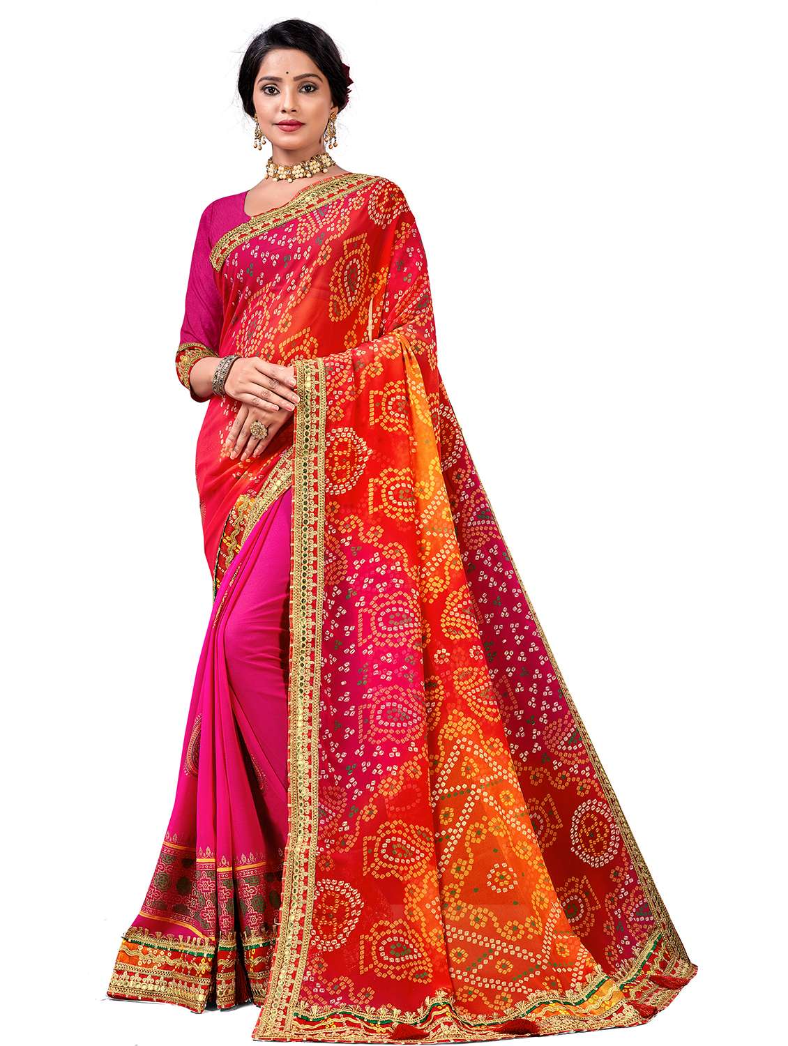 women bandhani printed half & half saree with blouse