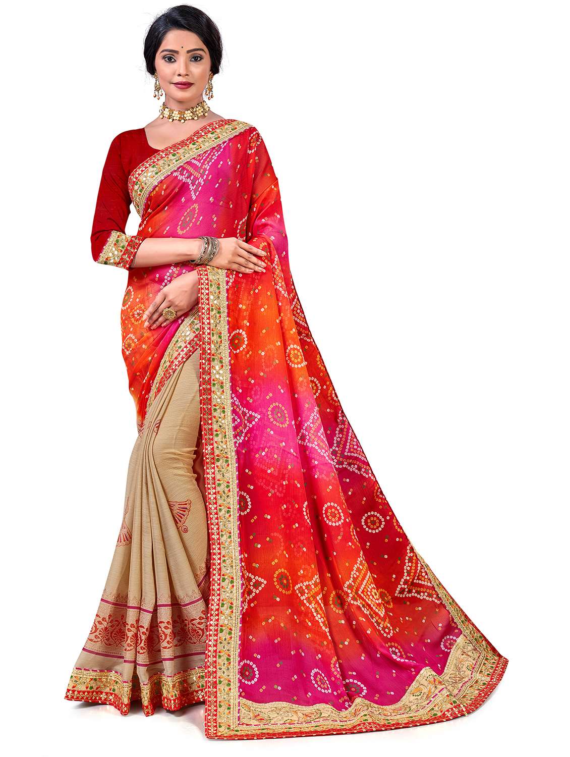 women bandhani printed half & half saree with blouse