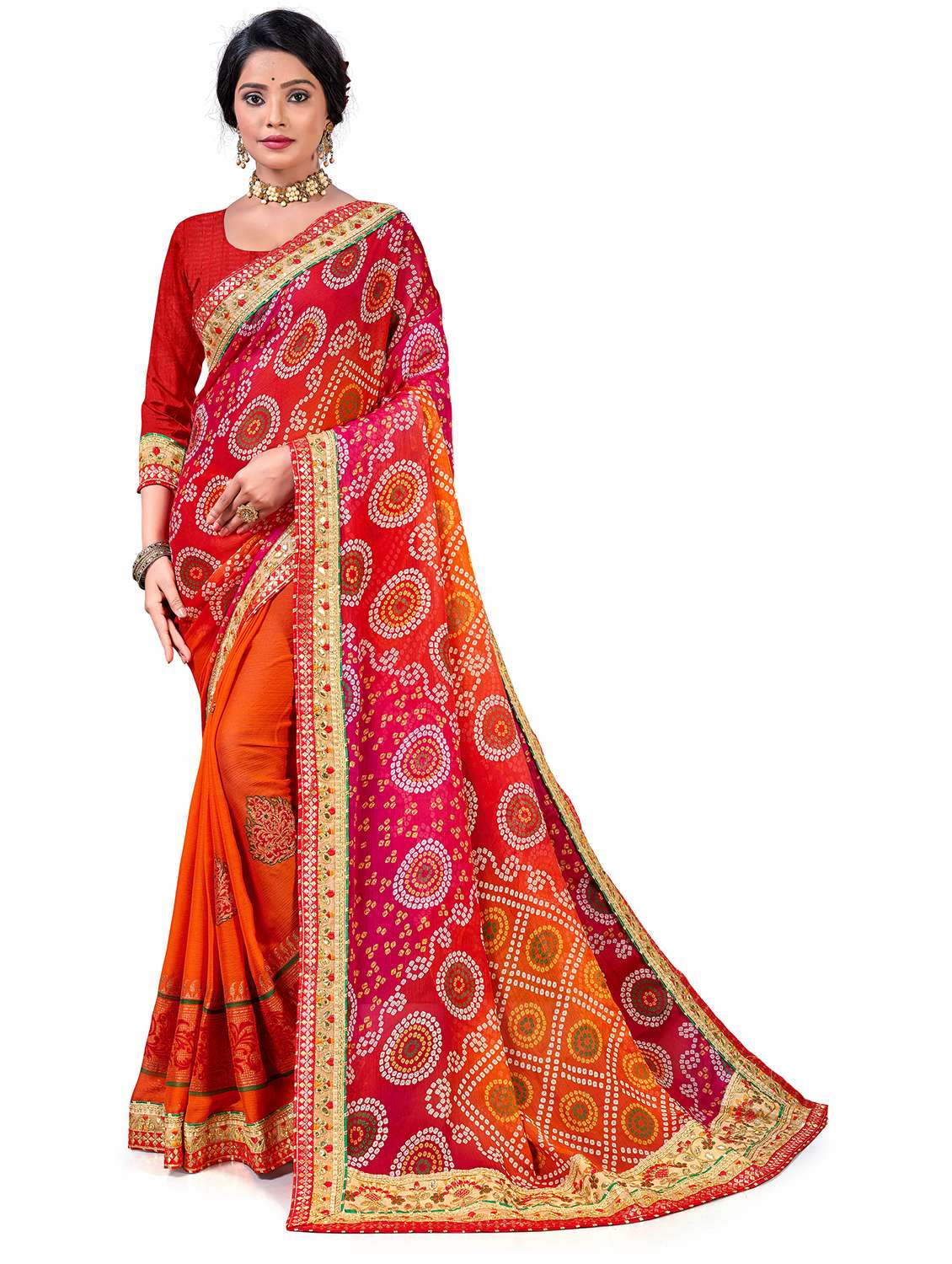 women bandhani printed half & half saree with blouse